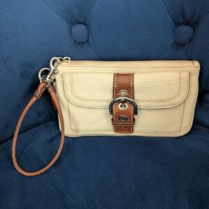 Coach Cream and Brown Leather Wristlet
